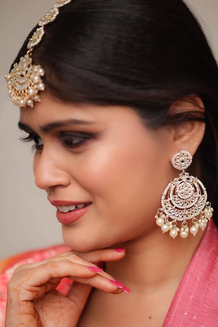 Shop Ishhaara Gold Plated Stones, Pearls Drop Chandbalis With Maangtikka Online at Aza Fashions Shop_Ishhaara_Gold Plated Stones, Pearls Drop Chandbalis With Maangtikka _Online_at_Aza_Fashions