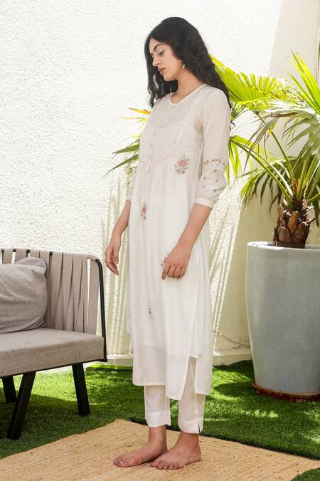 Shop Tatwa Ivory Handloom Cotton, Viscose, Silk Embroidery, Sequins Yoke Kurta And Pant Set Online at Aza Fashions Shop_Tatwa_Ivory Handloom Cotton, Viscose, Silk Embroidery, Sequins Yoke Kurta And Pant Set _Online_at_Aza_Fashions