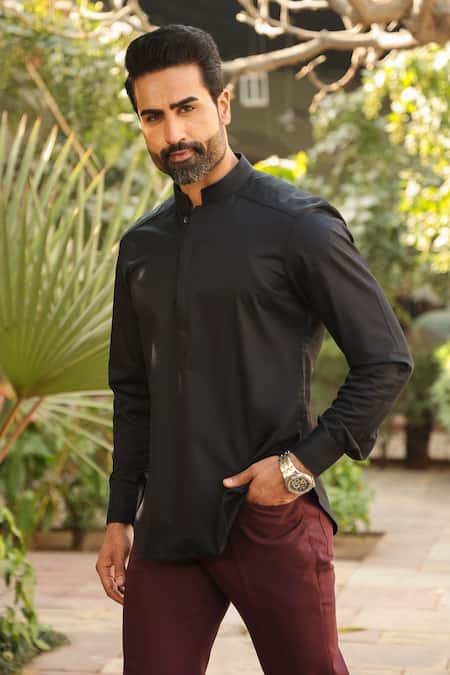 Shop_Raw & Rustic By Niti Bothra_Black Cotton Embroidery Mandarin Collar Kurta Shirt _Online_at_Aza_Fashions