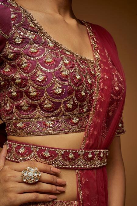 Shop Neeta Lulla Wine Brocade, Tulle Beads, Crystals, Cut Work, Pearls Embroidered Lehenga Set Online at Aza Fashions Shop_Neeta Lulla_Wine Brocade, Tulle Beads, Crystals, Cut Work, Pearls Embroidered Lehenga Set_Online_at_Aza_Fashions