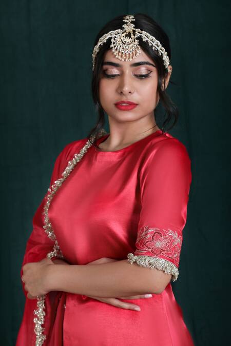 Shop_The Aarya_Red Silk Gota Patti, Embroidery Round Neck Placement Zari Kurta And Gharara Set _Online_at_Aza_Fashions