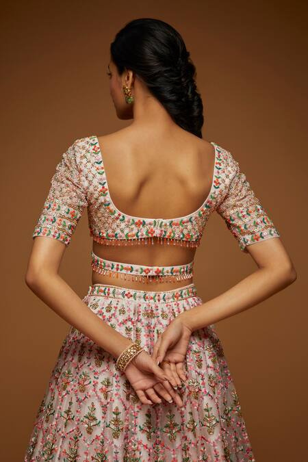 Shop_Neeta Lulla_Pink Tulle Sequin, Thread And Beads V Bahar Floral Embroidered Bridal Lehenga Set_Online_at_Aza_Fashions