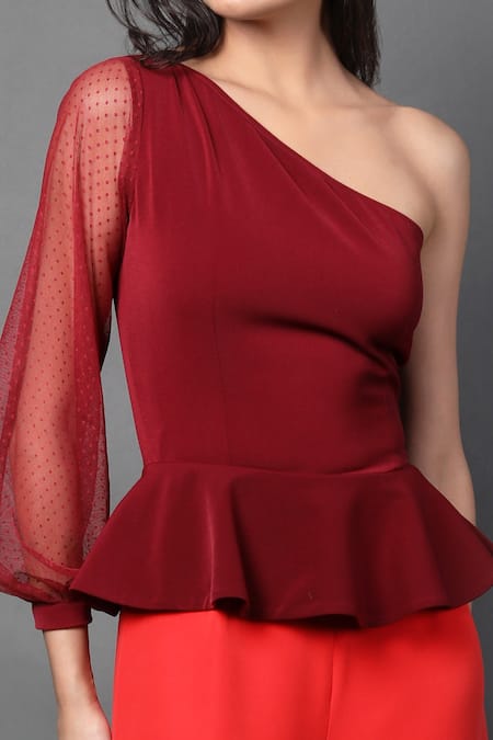 Shop_Swatee Singh_Red Crepe One Shoulder Color Blocked Jumpsuit _Online_at_Aza_Fashions