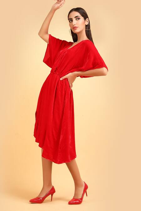 Shop_Label Ivish_Red Silk, Velvet V-neck Gathered Asymmetric Dress _Online_at_Aza_Fashions