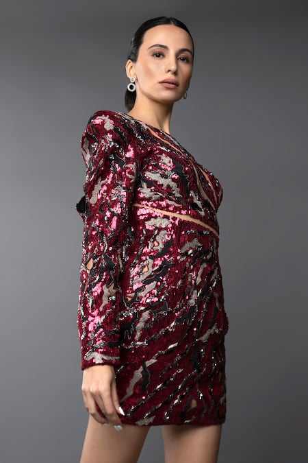 Shop_Anjum Qureshi_Red Silk, Polyester Sequins, Embroidery Round Neck Hand Bodycon Short Dress _Online_at_Aza_Fashions