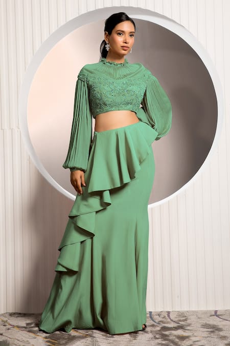 Shop_Jade By Ashima_Green Chiffon, Crepe Mirrors, Ruffles Turtle Neck Bouquet Blouse And Skirt Set _Online_at_Aza_Fashions