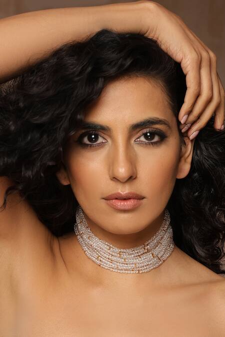 Shop_Swabhimann_White Gold Tone Multi Layered Choker Necklace _Online_at_Aza_Fashions