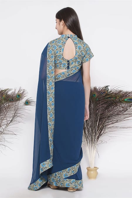 Shop_Little Bansi_Blue Georgette, Cotton Embroidery Pre-draped Saree With Blouse_at_Aza_Fashions