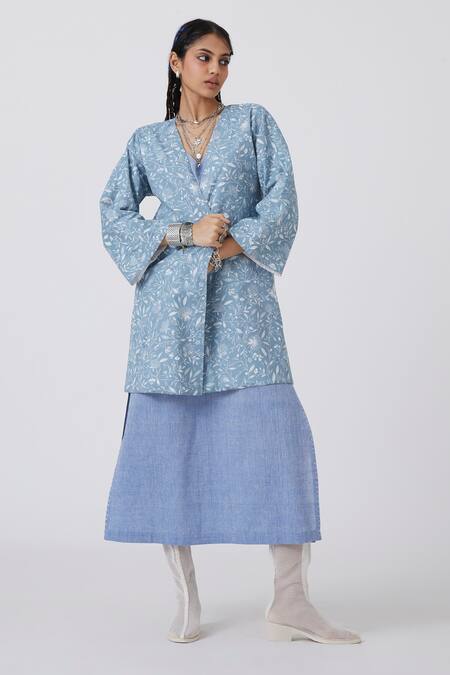 Shop The Summer House Blue Cotton, Linen Embroidery Open Neck Ewa Reversible Jacket Online at Aza Fashions Shop_The Summer House_Blue Cotton, Linen Embroidery Open Neck Ewa Reversible Jacket _Online_at_Aza_Fashions