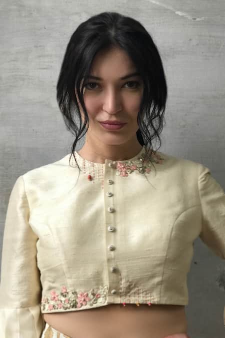 Shop_I Am Design_Ivory Raw Silk Floral And Kantha Embroidery Round Button Front Crop Top _Online_at_Aza_Fashions