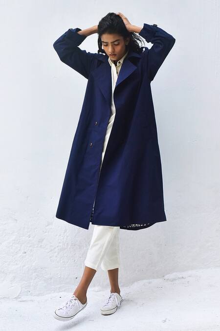 Shop Kharakapas Blue Poplin Collared Sage Trench Coat Online at Aza Fashions Shop_Kharakapas_Blue Poplin Collared Sage Trench Coat_Online_at_Aza_Fashions