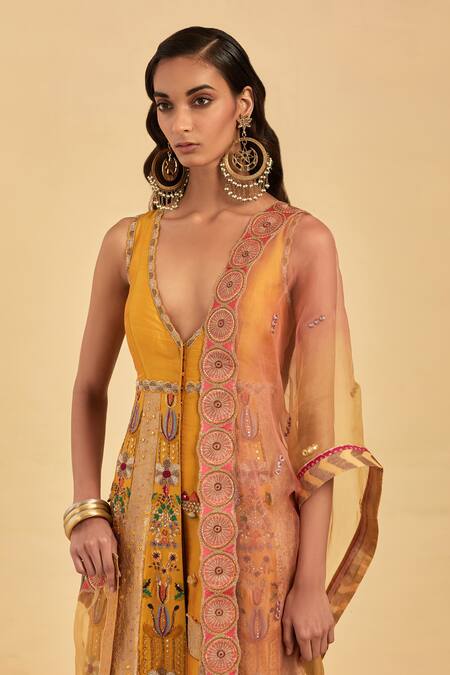 Shop_Aum By Asit And Ashima_Yellow Banarasi Silk Hand Embroidery Zardozi Plunge V Neck Anarkali And Skirt Set_Online_at_Aza_Fashions