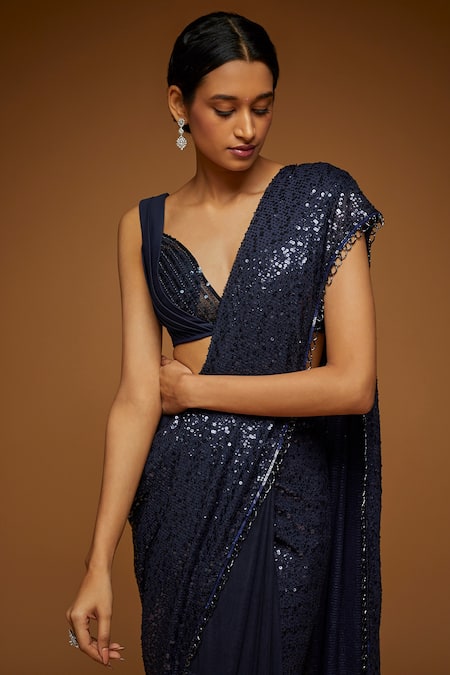 Shop_Neeta Lulla_Blue Tulle Sequins V-neck Nia Embellished Saree With Blouse _Online_at_Aza_Fashions