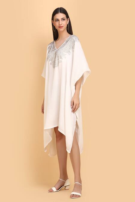 Shop_Label Ivish_Off White Silk, Chiffon Embroidery V-neck Rhinestone Embellished Kaftan _Online_at_Aza_Fashions