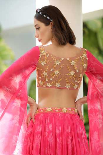 Shop_Tarini Vij_Pink Blouse Net And , Lehenga Palm Tree, & Print With _Online_at_Aza_Fashions