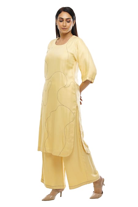 Shop_Khat_Yellow Tencel Embroidery Square Neck Abstract Kurta Palazzo Set _Online_at_Aza_Fashions