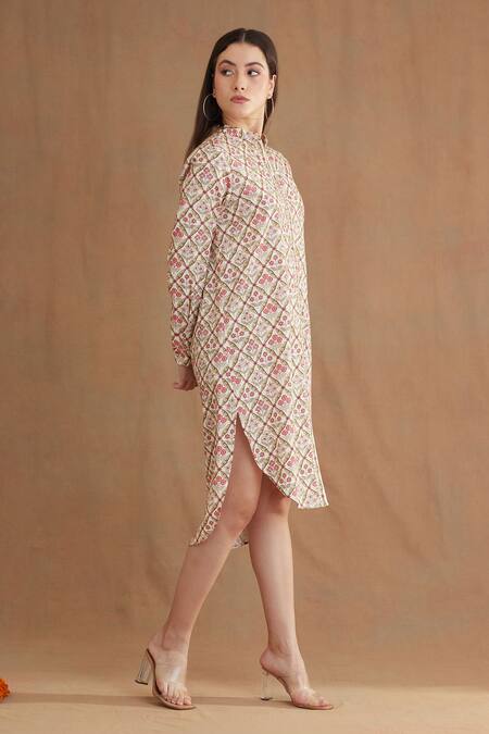 Shop_Nikasha_Red Cotton Embroidery, Sequins Bandeau Neck Mughal Print High-low Shirt Dress _Online_at_Aza_Fashions