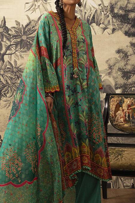 Shop Kalista Green Crepe, Silk, Chiffon Embroidery, Tassels Riah A-line Printed Kurta Set Online at Aza Fashions Shop_Kalista_Green Crepe, Silk, Chiffon Embroidery, Tassels Riah A-line Printed Kurta Set _Online_at_Aza_Fashions
