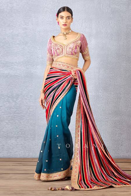 Torani_Pink Velvet And Crepe Digital Print, Gota Patti & Ruzava Mridula Blouse _Online_at_Aza_Fashions