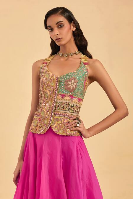 Buy Aum By Asit And Ashima Green Organza Beads, Cut Work, Hand Embroidered Floral Bloom Corset With Skirt Online at Aza Fashions Buy_Aum By Asit And Ashima_Green Organza Beads, Cut Work, Hand Embroidered Floral Bloom Corset With Skirt _Online_at_Aza_Fashions