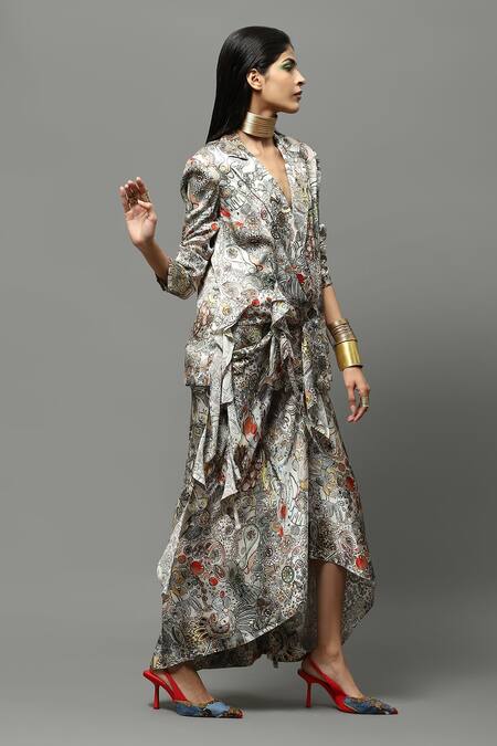 AK-OK Multi Color Satin Embroidery Abstract Print Deconstructed Blazer And Skirt Set at Aza Fashions AK-OK_Multi Color Satin Embroidery Abstract Print Deconstructed Blazer And Skirt Set _at_Aza_Fashions