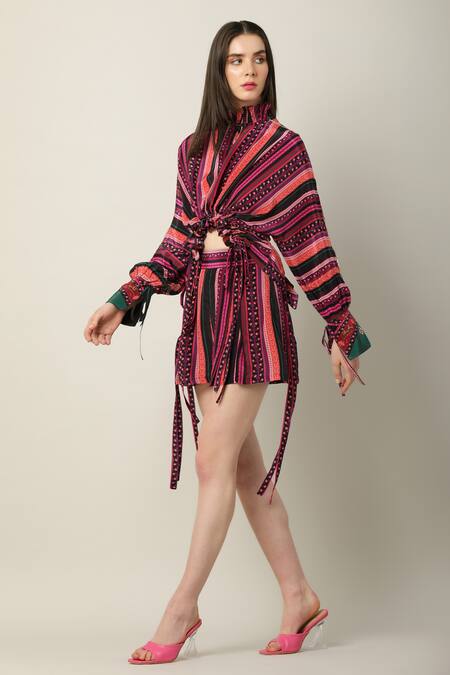 Buy Limerick By Abirr N' Nanki Multi Color Crepe Tassels Round Neck Jolene Stripe Print Draped Top Online at Aza Fashions Buy_Limerick By Abirr N' Nanki_Multi Color Crepe Tassels Round Neck Jolene Stripe Print Draped Top _Online_at_Aza_Fashions