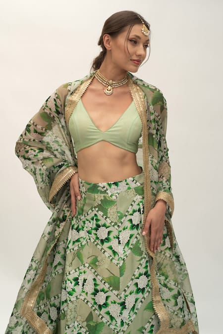 Shop_Sanam_Green Silk, Organza Embroidery, Sequins Botanic Pattern Panelled Lehenga Set _Online_at_Aza_Fashions