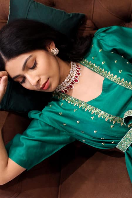 Shop Cupid Cotton Green Chanderi Silk Pearls, Zari, Embroidery Sweetheart Anarkali With Jacket Online at Aza Fashions Shop_Cupid Cotton_Green Chanderi Silk Pearls, Zari, Embroidery Sweetheart Anarkali With Jacket _Online_at_Aza_Fashions