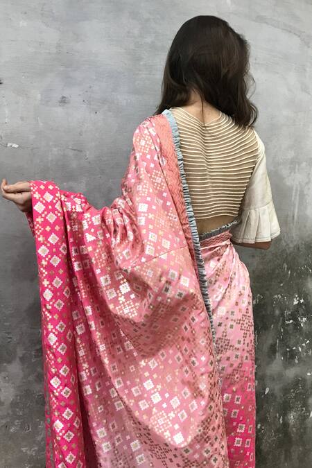 Shop_I Am Design_Pink Silk Ikat Print Ruffle Border Saree _Online_at_Aza_Fashions