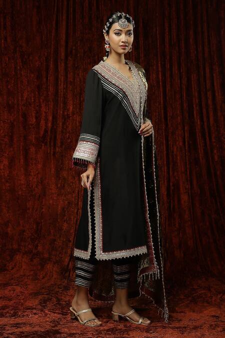 Shop Shikhar Sharma Black Silk Chanderi Embroidered Pearl V Neck Full Sleeve Kurta Pant Set Online at Aza Fashions Shop_Shikhar Sharma_Black Silk Chanderi Embroidered Pearl V Neck Full Sleeve Kurta Pant Set _Online_at_Aza_Fashions