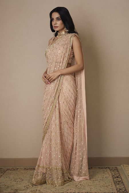 Shop Astha Narang Pink Net, Crepe Sequins, Cut Work, Embroidery Scoop Checkered Saree With Blouse Online at Aza Fashions Shop_Astha Narang_Pink Net, Crepe Sequins, Cut Work, Embroidery Scoop Checkered Saree With Blouse _Online_at_Aza_Fashions