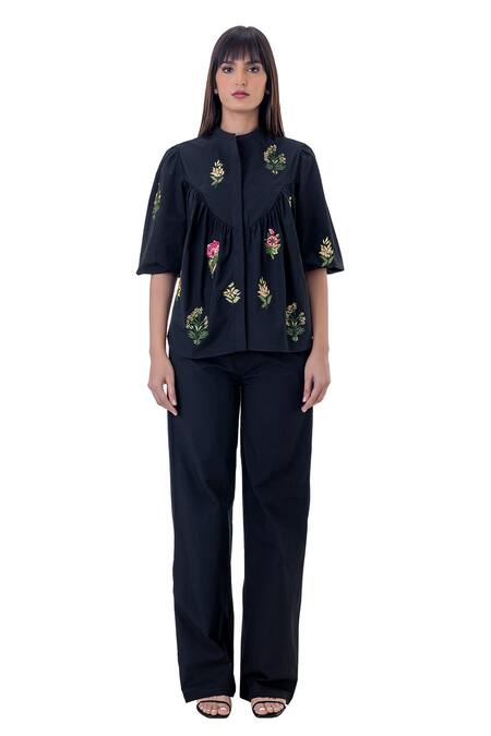 Shop Gaya Multi Color Cotton Embroidered Floral Band Collar Blossom Shirt Online at Aza Fashions Shop_Gaya_Multi Color Cotton Embroidered Floral Band Collar Blossom Shirt _Online_at_Aza_Fashions