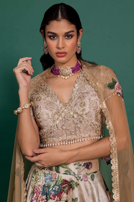 Shop_Varun Bahl_Beige Organza, Net, Chanderi Embroidery, Sequins Floral Printed Lehenga Set _Online_at_Aza_Fashions