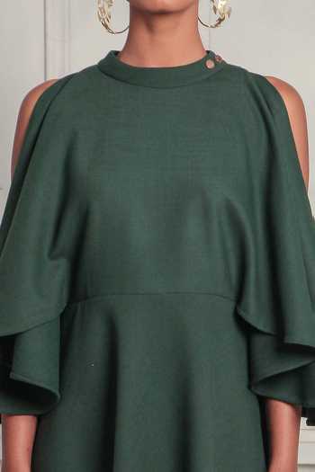 Shop_Couché By Anandini_Green Crepe Embroidery Crew Neck Solid Skater Dress _Online_at_Aza_Fashions