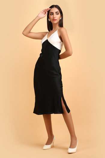 Shop_Label Ivish_Black Silk, Satin Plunge Neck Color Block Dress _Online_at_Aza_Fashions
