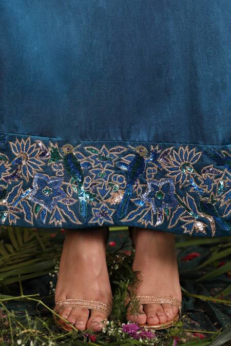 Shop_The Aarya_Blue Maheshwari, Silk, Cotton Embroidery, Placement Floral And Peacock Kurta Set_Online_at_Aza_Fashions