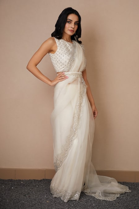 Shop_ASTHA NARANG_White Organza, Crepe Sequins, Cut Work, Zari, Scallop Border Saree With Blouse _Online_at_Aza_Fashions