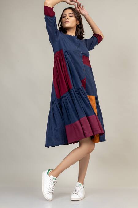 Buy Doodlage Blue Cotton Round Neck Seville Tiered Dress Online at Aza Fashions Buy_Doodlage_Blue Cotton Round Neck Seville Tiered Dress _Online_at_Aza_Fashions