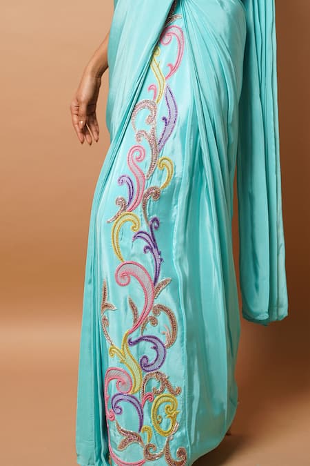 Shop Ahi Clothing Blue Hemp, Crepe Cut Work, Embroidery Pre-draped Kali Saree With Bustier Online at Aza Fashions Shop_Ahi Clothing_Blue Hemp, Crepe Cut Work, Embroidery Pre-draped Kali Saree With Bustier _Online_at_Aza_Fashions