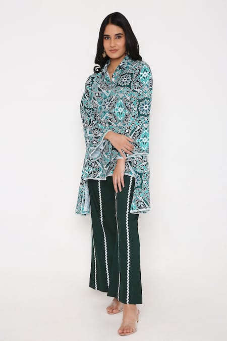 Bha Sha_Green Rayon, Poplin Lace Collared Cloud Mandala Print Tunic With Pant _Online_at_Aza_Fashions