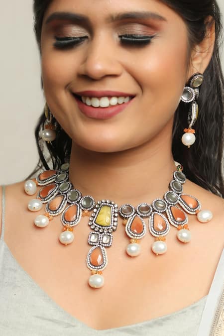 Shop Ishhaara Multi Color Stones Contrast Kundan Embellished Necklace Set With Maangtikka Online at Aza Fashions Shop_Ishhaara_Multi Color Stones Contrast Kundan Embellished Necklace Set With Maangtikka _Online_at_Aza_Fashions