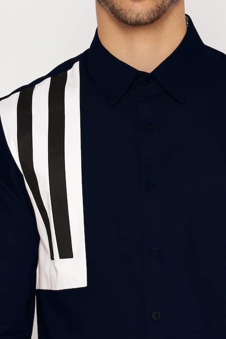 Shop_Lacquer Embassy_Blue Cotton Satin Navy Shirt With Block Panels _Online_at_Aza_Fashions