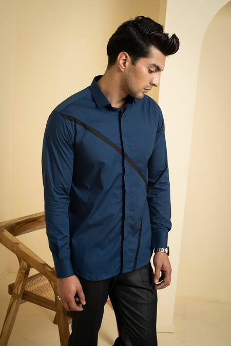 Buy_Hilo Design_Blue Poplin, Lycra Cross Reim Shirt _Online_at_Aza_Fashions