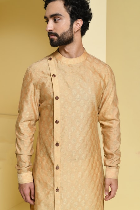 Shop_Kustomeyes_Beige Cotton, Silk Embroidery Floral Pattern Asymmetrical Kurta And Pant Set _Online_at_Aza_Fashions