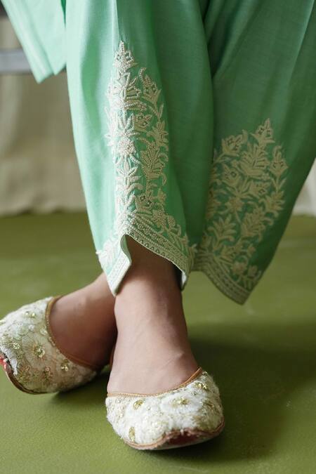 Shop Kanika Sharma Green Chanderi Silk, Modal, Muslin Pearls, Embroidery Kurta Peshwa Pant Set Online at Aza Fashions Shop_Kanika Sharma_Green Chanderi Silk, Modal, Muslin Pearls, Embroidery Kurta Peshwa Pant Set _Online_at_Aza_Fashions