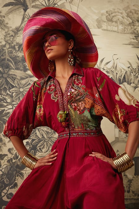 Shop_Kalista_Magenta Crepe Embroidery Collared Seinna Mughal Pattern Jumpsuit _Online_at_Aza_Fashions