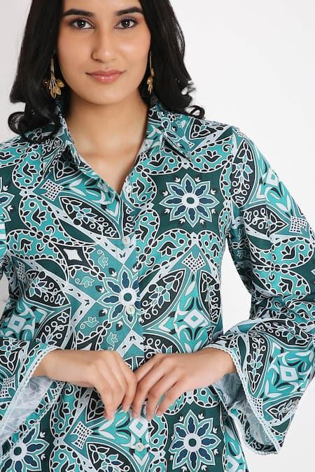 Buy_Bha Sha_Green Rayon, Poplin Lace Collared Cloud Mandala Print Tunic With Pant _Online_at_Aza_Fashions
