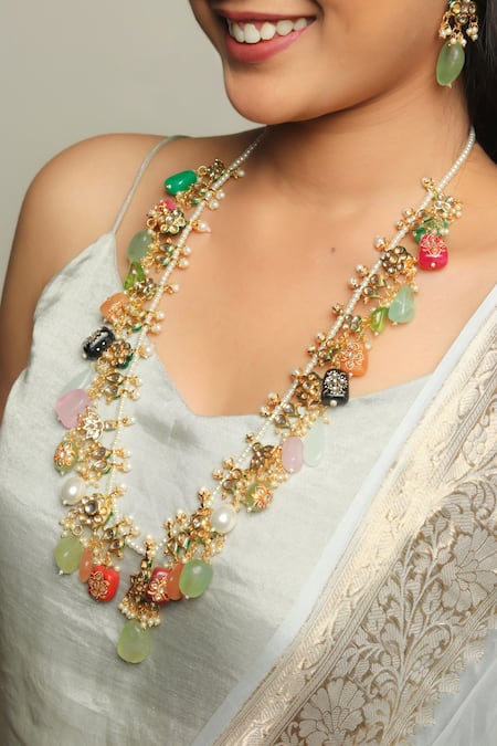Shop Ishhaara Multi Color Embroidery Stone Embellished Necklace Set Online at Aza Fashions Shop_Ishhaara_Multi Color Embroidery Stone Embellished Necklace Set _Online_at_Aza_Fashions