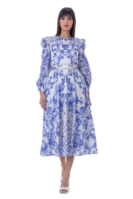 Shop_Gaya_White Ramie Linen Printed And Embroidered Baroque Coreli Dress _Online_at_Aza_Fashions