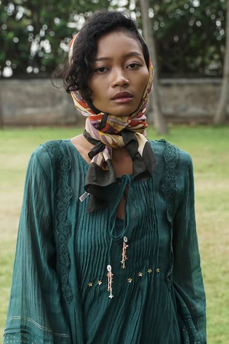 Buy_Baju_Green 40% , 60% , Chanderi Lola Pintucked Maxi Dress_Online_at_Aza_Fashions